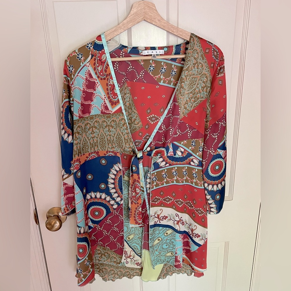 Cabi Colorful Bohemian Kimono Cardigan tie front blouse